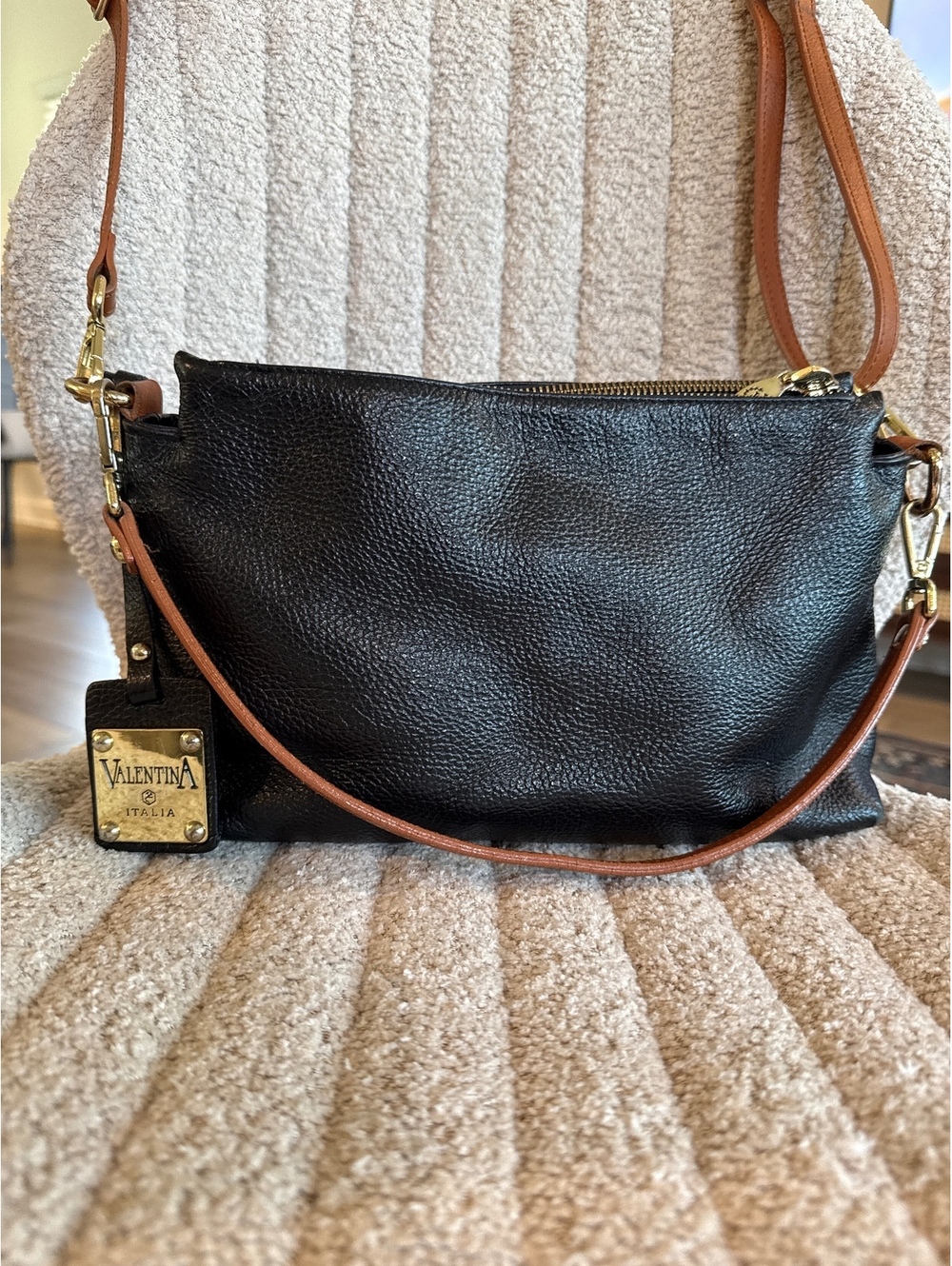 Valentina Black Leather Crossbody Bag with Brown Strap